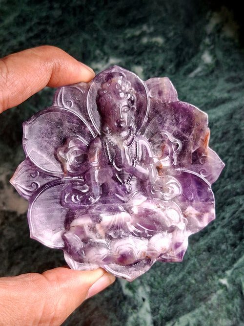Guanyin Bodhisattva Carving on Lotus in Natural Chevron Amethyst – 117 gms, 3 Inches | Spiritual Healing Stone, Meditation Tool & Protective Talisman
