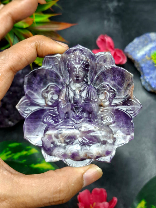 Guanyin Bodhisattva Carving on Lotus in Natural Chevron Amethyst – 117 gms, 3 Inches | Spiritual Healing Stone, Meditation Tool & Protective Talisman