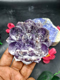 Guanyin Bodhisattva Carving on Lotus in Natural Chevron Amethyst – 117 gms, 3 Inches | Spiritual Healing Stone, Meditation Tool & Protective Talisman