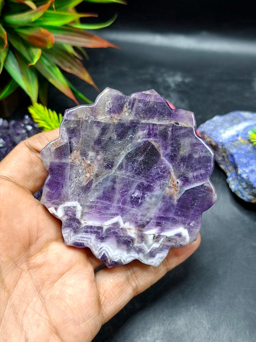 Guanyin Bodhisattva Carving on Lotus in Natural Chevron Amethyst – 117 gms, 3 Inches | Spiritual Healing Stone, Meditation Tool & Protective Talisman