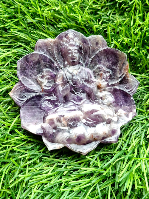 Guanyin Bodhisattva Carving on Lotus in Natural Chevron Amethyst – 117 gms, 3 Inches | Spiritual Healing Stone, Meditation Tool & Protective Talisman
