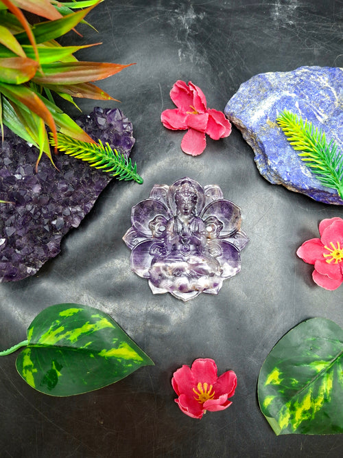 Guanyin Bodhisattva Carving on Lotus in Natural Chevron Amethyst – 117 gms, 3 Inches | Spiritual Healing Stone, Meditation Tool & Protective Talisman