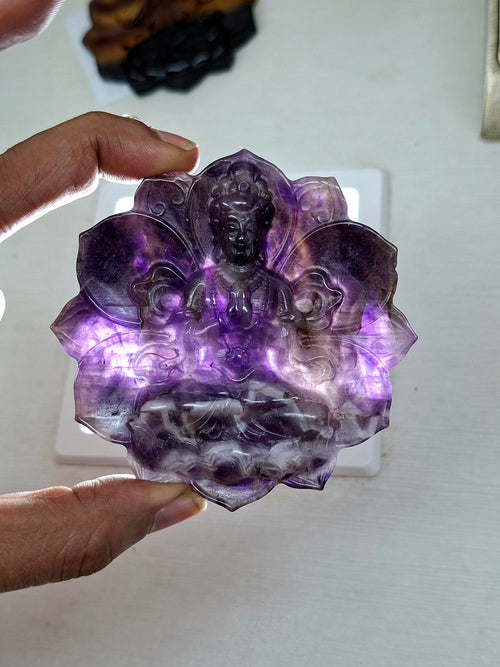Guanyin Bodhisattva Carving on Lotus in Natural Chevron Amethyst – 117 gms, 3 Inches | Spiritual Healing Stone, Meditation Tool & Protective Talisman