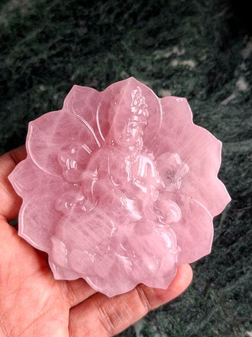Guanyin Bodhisattva Carving on Lotus in Natural Rose Quartz – 126g, 3" | Spiritual Decor & Healing Crystal