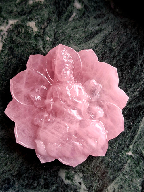 Guanyin Bodhisattva Carving on Lotus in Natural Rose Quartz – 126g, 3" | Spiritual Decor & Healing Crystal