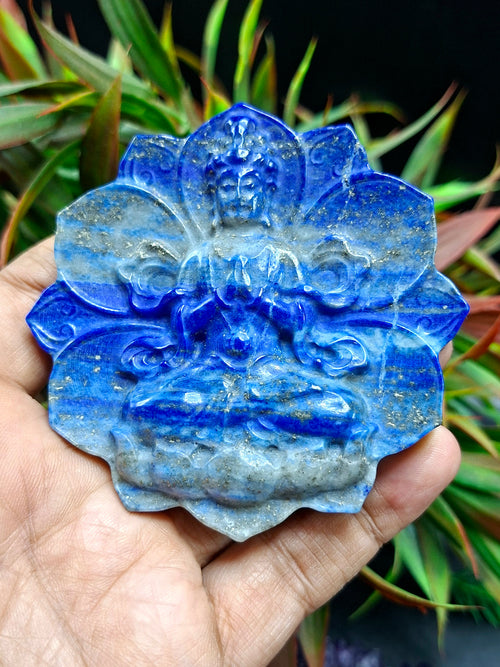 Guanyin Bodhisattva Carving on Lotus in Lapis Lazuli Stone – 122 gms, 3 Inches | Elegant Home Decor and Spiritual Healing