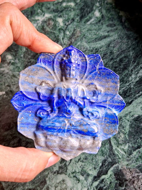 Guanyin Bodhisattva Carving on Lotus in Lapis Lazuli Stone – 122 gms, 3 Inches | Elegant Home Decor and Spiritual Healing