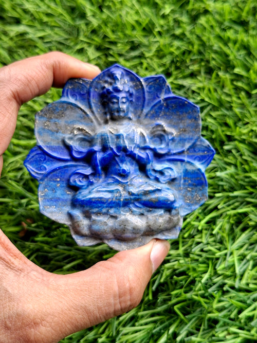Guanyin Bodhisattva Carving on Lotus in Lapis Lazuli Stone – 122 gms, 3 Inches | Elegant Home Decor and Spiritual Healing