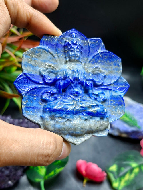 Guanyin Bodhisattva Carving on Lotus in Lapis Lazuli Stone – 122 gms, 3 Inches | Elegant Home Decor and Spiritual Healing