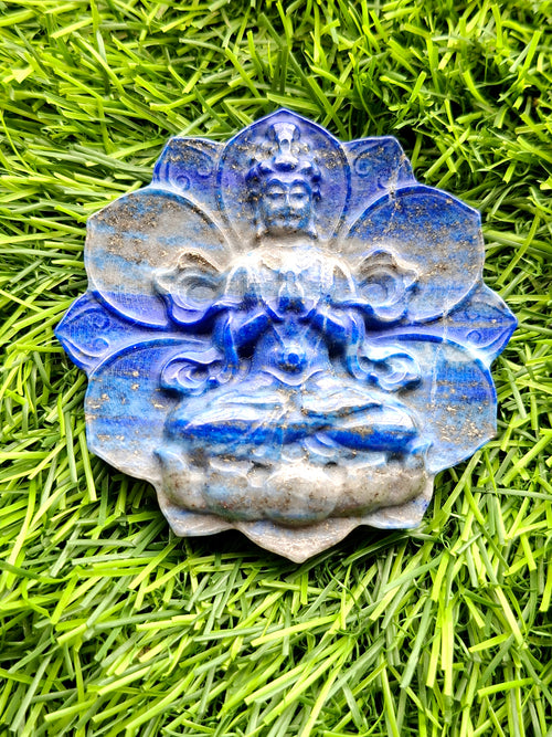 Guanyin Bodhisattva Carving on Lotus in Lapis Lazuli Stone – 122 gms, 3 Inches | Elegant Home Decor and Spiritual Healing