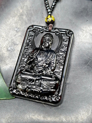 Black Obsidian Buddha Pendant with Obsidian Bead Mala: A Symbol of Protection, Peace, and Corporate Growth | Gemstone Mala | Birthday Gift | ONE PIECE ONLY