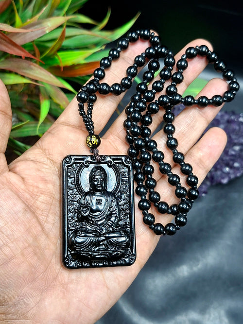 Black Obsidian Buddha Pendant with Obsidian Bead Mala: A Symbol of Protection, Peace, and Corporate Growth | Gemstone Mala | Birthday Gift | ONE PIECE ONLY