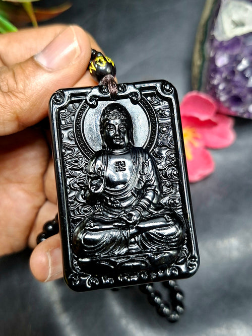 Black Obsidian Buddha Pendant with Obsidian Bead Mala: A Symbol of Protection, Peace, and Corporate Growth | Gemstone Mala | Birthday Gift | ONE PIECE ONLY