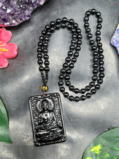 Black Obsidian Buddha Pendant with Obsidian Bead Mala: A Symbol of Protection, Peace, and Corporate Growth | Gemstone Mala | Birthday Gift | ONE PIECE ONLY