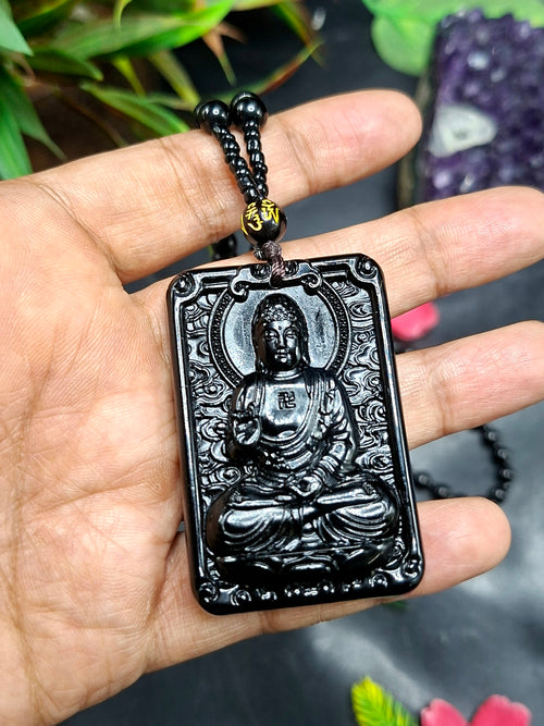 Black Obsidian Buddha Pendant with Obsidian Bead Mala: A Symbol of Protection, Peace, and Corporate Growth | Gemstone Mala | Birthday Gift | ONE PIECE ONLY