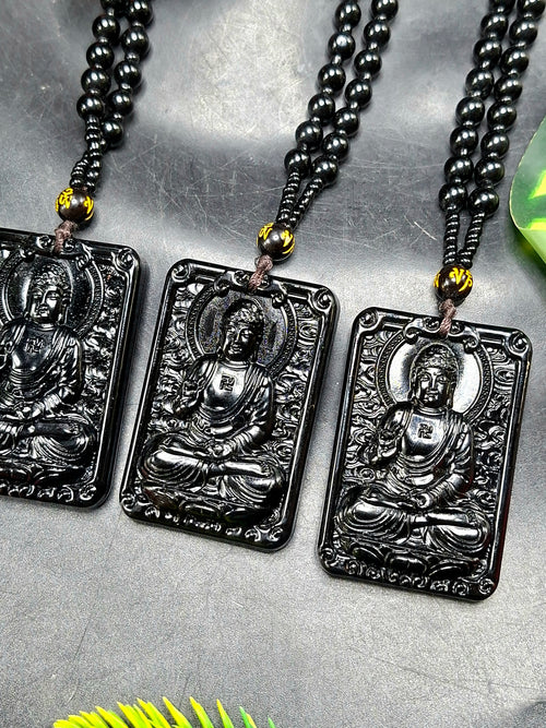 Black Obsidian Buddha Pendant with Obsidian Bead Mala: A Symbol of Protection, Peace, and Corporate Growth | Gemstone Mala | Birthday Gift | ONE PIECE ONLY