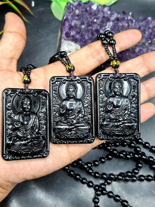 Black Obsidian Buddha Pendant with Obsidian Bead Mala: A Symbol of Protection, Peace, and Corporate Growth | Gemstone Mala | Birthday Gift | ONE PIECE ONLY