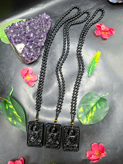 Black Obsidian Buddha Pendant with Obsidian Bead Mala: A Symbol of Protection, Peace, and Corporate Growth | Gemstone Mala | Birthday Gift | ONE PIECE ONLY