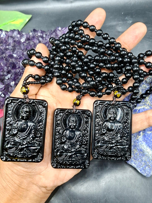 Black Obsidian Buddha Pendant with Obsidian Bead Mala: A Symbol of Protection, Peace, and Corporate Growth | Gemstone Mala | Birthday Gift | ONE PIECE ONLY