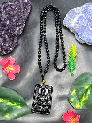 Black Obsidian Buddha Pendant with Obsidian Bead Mala: A Symbol of Protection, Peace, and Corporate Growth | Gemstone Mala | Birthday Gift | ONE PIECE ONLY