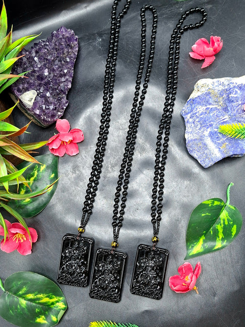 Black Obsidian Kwan Yin Pendant with Obsidian Bead Mala – A Divine Blend of Protection, Compassion, and Spiritual Harmony | Gemstone Mala | Birthday Gift | Weight 63 gms | ONE PIECE ONLY