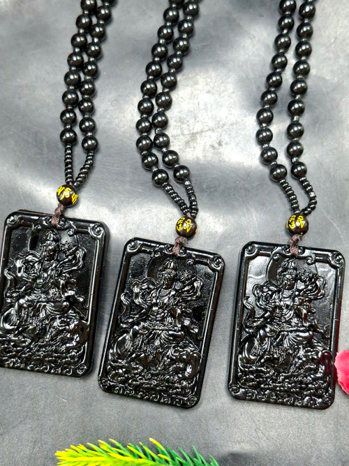 Black Obsidian Kwan Yin Pendant with Obsidian Bead Mala – A Divine Blend of Protection, Compassion, and Spiritual Harmony | Gemstone Mala | Birthday Gift | Weight 63 gms | ONE PIECE ONLY