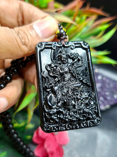 Black Obsidian Kwan Yin Pendant with Obsidian Bead Mala – A Divine Blend of Protection, Compassion, and Spiritual Harmony | Gemstone Mala | Birthday Gift | Weight 63 gms | ONE PIECE ONLY
