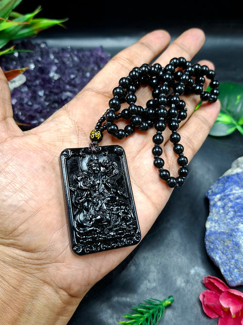 Black Obsidian Kwan Yin Pendant with Obsidian Bead Mala – A Divine Blend of Protection, Compassion, and Spiritual Harmony | Gemstone Mala | Birthday Gift | Weight 63 gms | ONE PIECE ONLY