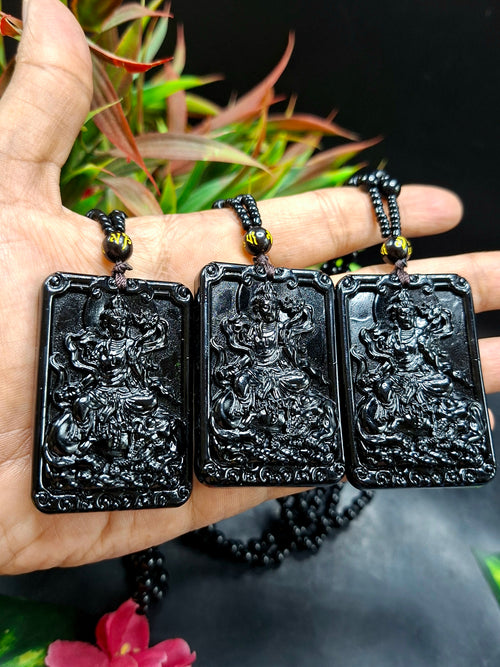Black Obsidian Kwan Yin Pendant with Obsidian Bead Mala – A Divine Blend of Protection, Compassion, and Spiritual Harmony | Gemstone Mala | Birthday Gift | Weight 63 gms | ONE PIECE ONLY