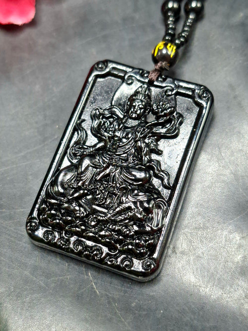 Black Obsidian Kwan Yin Pendant with Obsidian Bead Mala – A Divine Blend of Protection, Compassion, and Spiritual Harmony | Gemstone Mala | Birthday Gift | Weight 63 gms | ONE PIECE ONLY