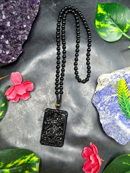 Black Obsidian Kwan Yin Pendant with Obsidian Bead Mala – A Divine Blend of Protection, Compassion, and Spiritual Harmony | Gemstone Mala | Birthday Gift | Weight 63 gms | ONE PIECE ONLY