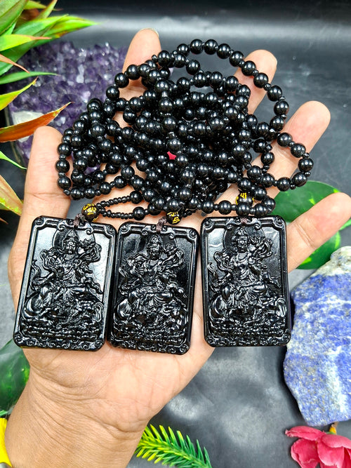 Black Obsidian Kwan Yin Pendant with Obsidian Bead Mala – A Divine Blend of Protection, Compassion, and Spiritual Harmony | Gemstone Mala | Birthday Gift | Weight 63 gms | ONE PIECE ONLY
