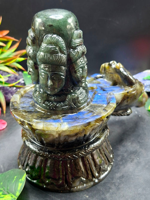 Panchmukhi (5-Faced) Shiva Lingam in Natural Labradorite Stone: A Sacred Symbol of Divine Protection, Transformation & Spiritual Harmony | Reiki/Chakra/Healing/Energy | Home Decor