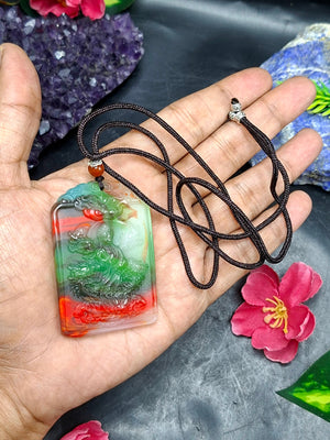 Colored Jade Kwan Yin Pendant Mala with Black Thread – Meditation Jewelry for Calm Mind, Focus, Protection & Confidence | Weight 33 gms