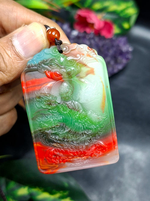Colored Jade Kwan Yin Pendant Mala with Black Thread – Meditation Jewelry for Calm Mind, Focus, Protection & Confidence | Weight 33 gms