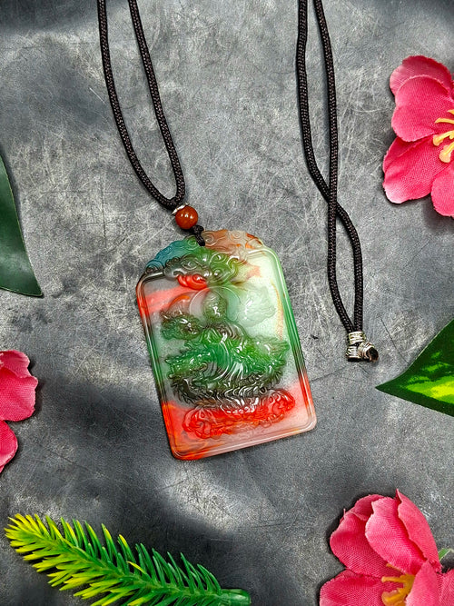 Colored Jade Kwan Yin Pendant Mala with Black Thread – Meditation Jewelry for Calm Mind, Focus, Protection & Confidence | Weight 33 gms