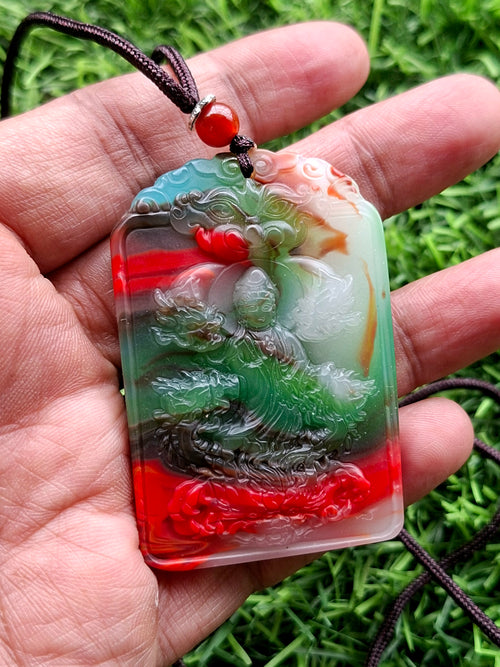 Colored Jade Kwan Yin Pendant Mala with Black Thread – Meditation Jewelry for Calm Mind, Focus, Protection & Confidence | Weight 33 gms