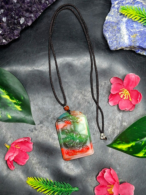 Colored Jade Kwan Yin Pendant Mala with Black Thread – Meditation Jewelry for Calm Mind, Focus, Protection & Confidence | Weight 33 gms