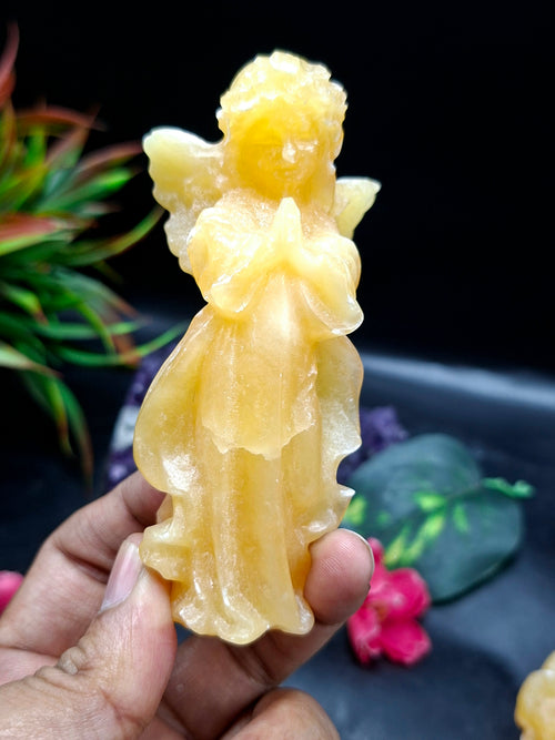 Yellow Calcite Winged Angel Carving – 121 g, 3.8 inch Crystal Angel for Home, Office & Meditation Decor, Positivity, Growth & Gratitude | ONE PIECE ONLY