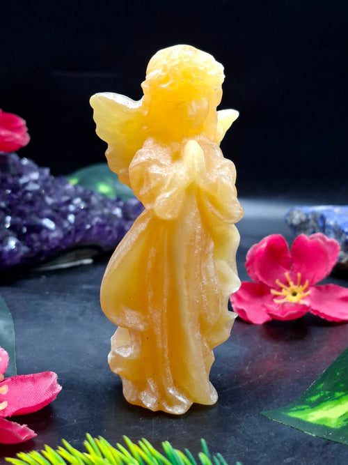Yellow Calcite Winged Angel Carving – 121 g, 3.8 inch Crystal Angel for Home, Office & Meditation Decor, Positivity, Growth & Gratitude | ONE PIECE ONLY