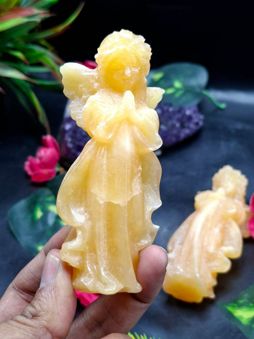 Yellow Calcite Winged Angel Carving – 121 g, 3.8 inch Crystal Angel for Home, Office & Meditation Decor, Positivity, Growth & Gratitude | ONE PIECE ONLY