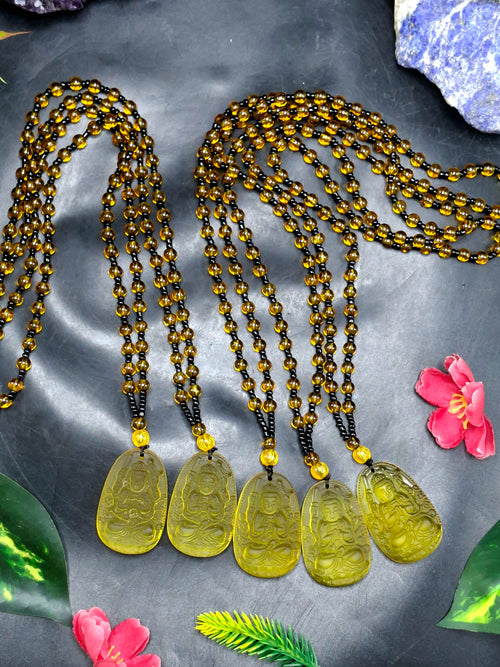 Manjushri Bodhisattva of Wisdom Citrine Pendant with Yellow and Black Beads Mala: A Symbol of Clarity, Knowledge, and Abundance | Gemstone Mala | Birthday Gift
