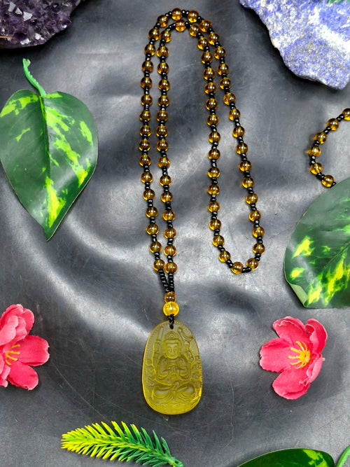 Manjushri Bodhisattva of Wisdom Citrine Pendant with Yellow and Black Beads Mala: A Symbol of Clarity, Knowledge, and Abundance | Gemstone Mala | Birthday Gift