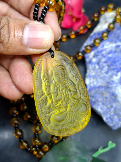 Manjushri Bodhisattva of Wisdom Citrine Pendant with Yellow and Black Beads Mala: A Symbol of Clarity, Knowledge, and Abundance | Gemstone Mala | Birthday Gift