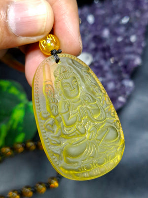 Manjushri Bodhisattva of Wisdom Citrine Pendant with Yellow and Black Beads Mala: A Symbol of Clarity, Knowledge, and Abundance | Gemstone Mala | Birthday Gift