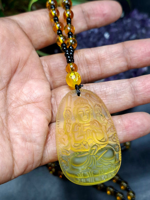 Manjushri Bodhisattva of Wisdom Citrine Pendant with Yellow and Black Beads Mala: A Symbol of Clarity, Knowledge, and Abundance | Gemstone Mala | Birthday Gift