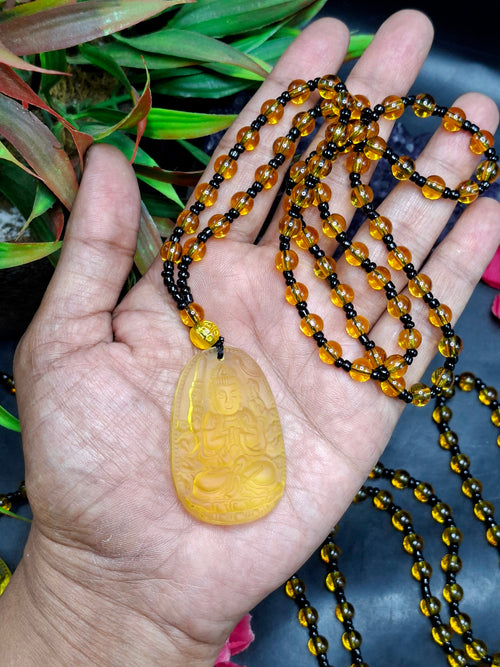 Manjushri Bodhisattva of Wisdom Citrine Pendant with Yellow and Black Beads Mala: A Symbol of Clarity, Knowledge, and Abundance | Gemstone Mala | Birthday Gift