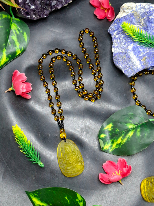 Manjushri Bodhisattva of Wisdom Citrine Pendant with Yellow and Black Beads Mala: A Symbol of Clarity, Knowledge, and Abundance | Gemstone Mala | Birthday Gift