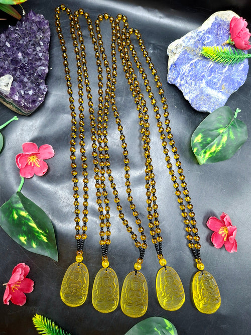Manjushri Bodhisattva of Wisdom Citrine Pendant with Yellow and Black Beads Mala: A Symbol of Clarity, Knowledge, and Abundance | Gemstone Mala | Birthday Gift