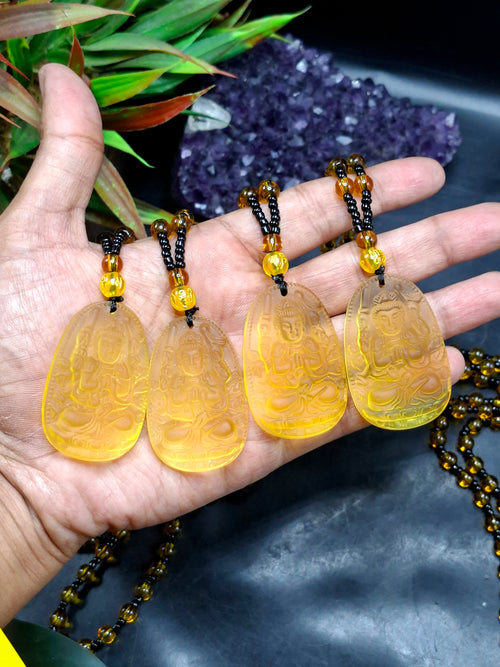 Manjushri Bodhisattva of Wisdom Citrine Pendant with Yellow and Black Beads Mala: A Symbol of Clarity, Knowledge, and Abundance | Gemstone Mala | Birthday Gift